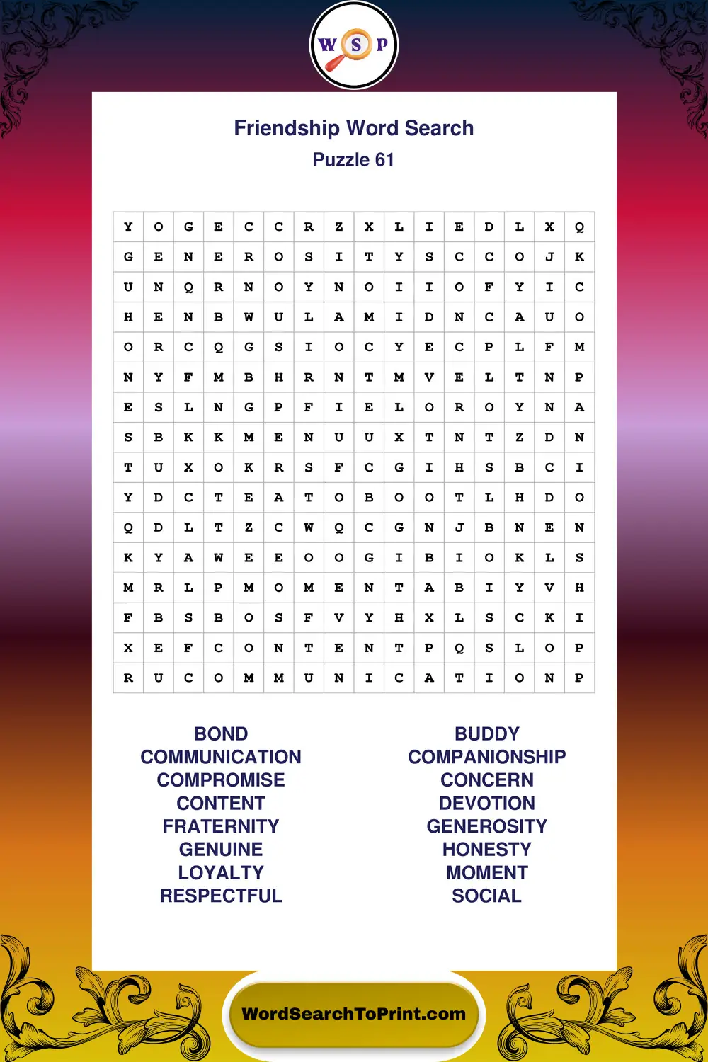 Friendship Word Search Puzzle 61
