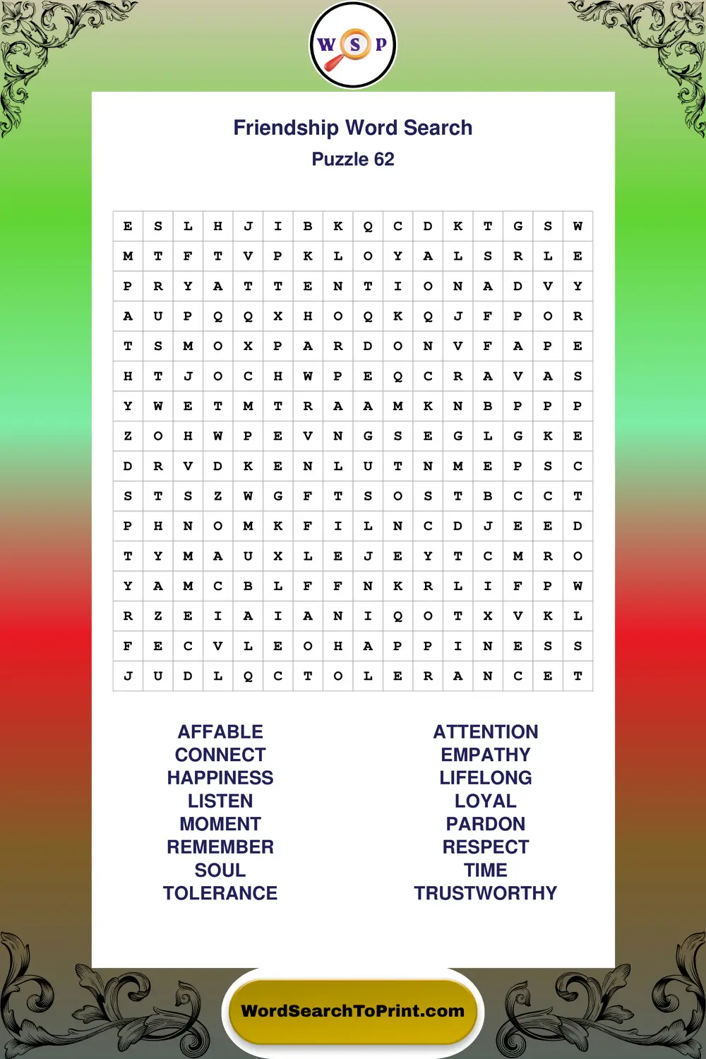 Friendship Word Search Puzzle 62