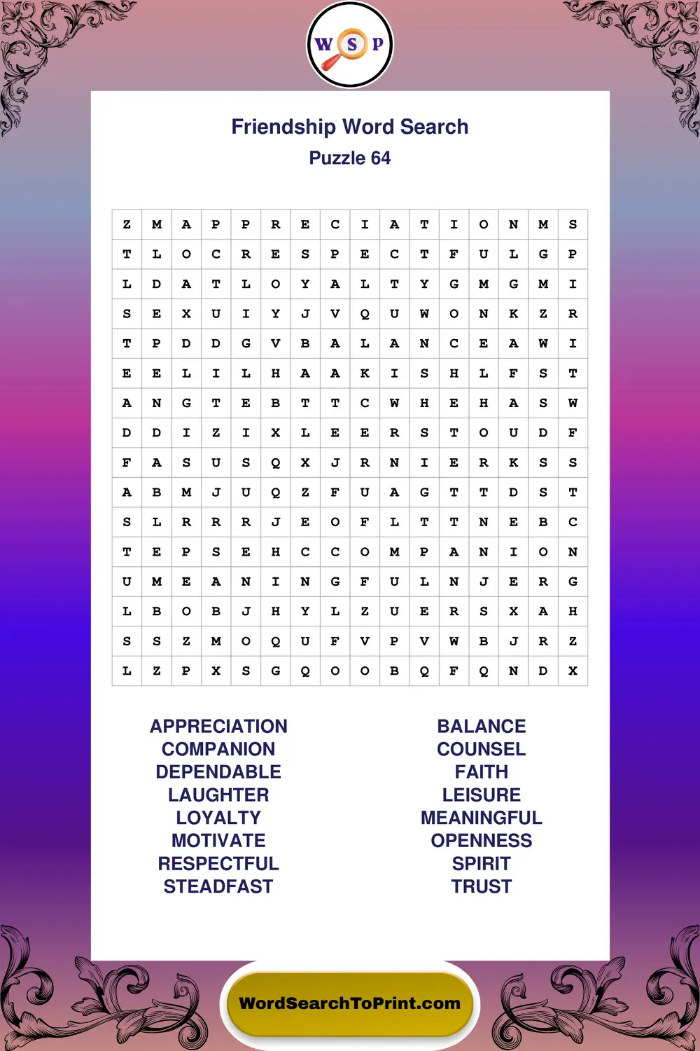 Friendship Word Search Puzzle 64