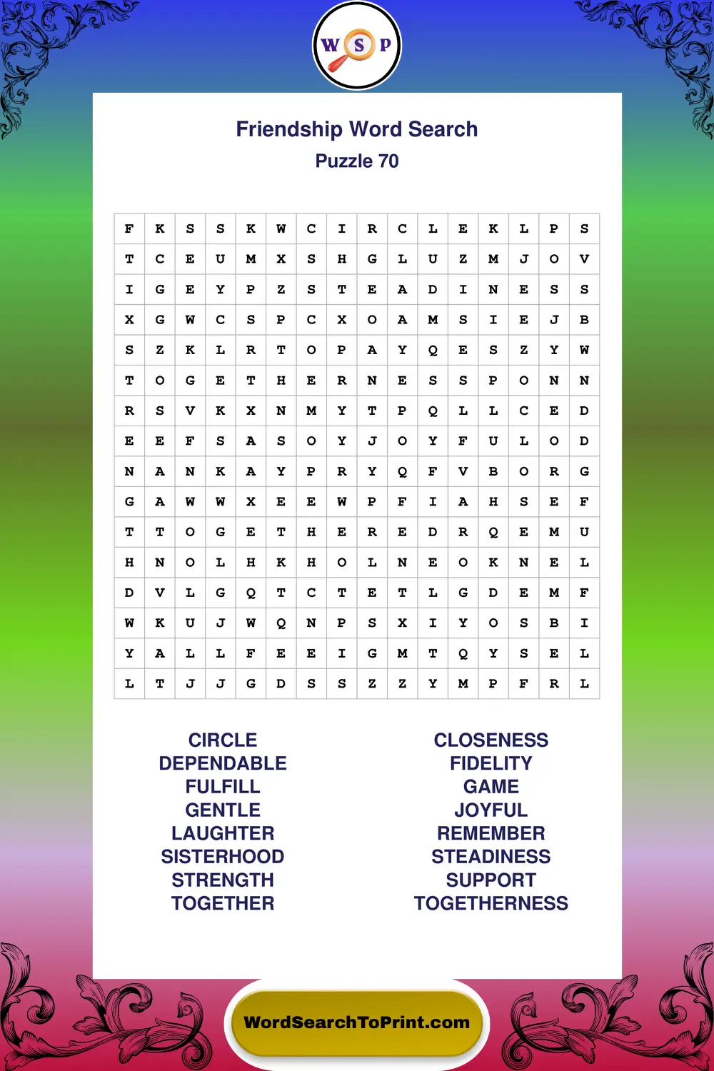 Friendship Word Search Puzzle 70