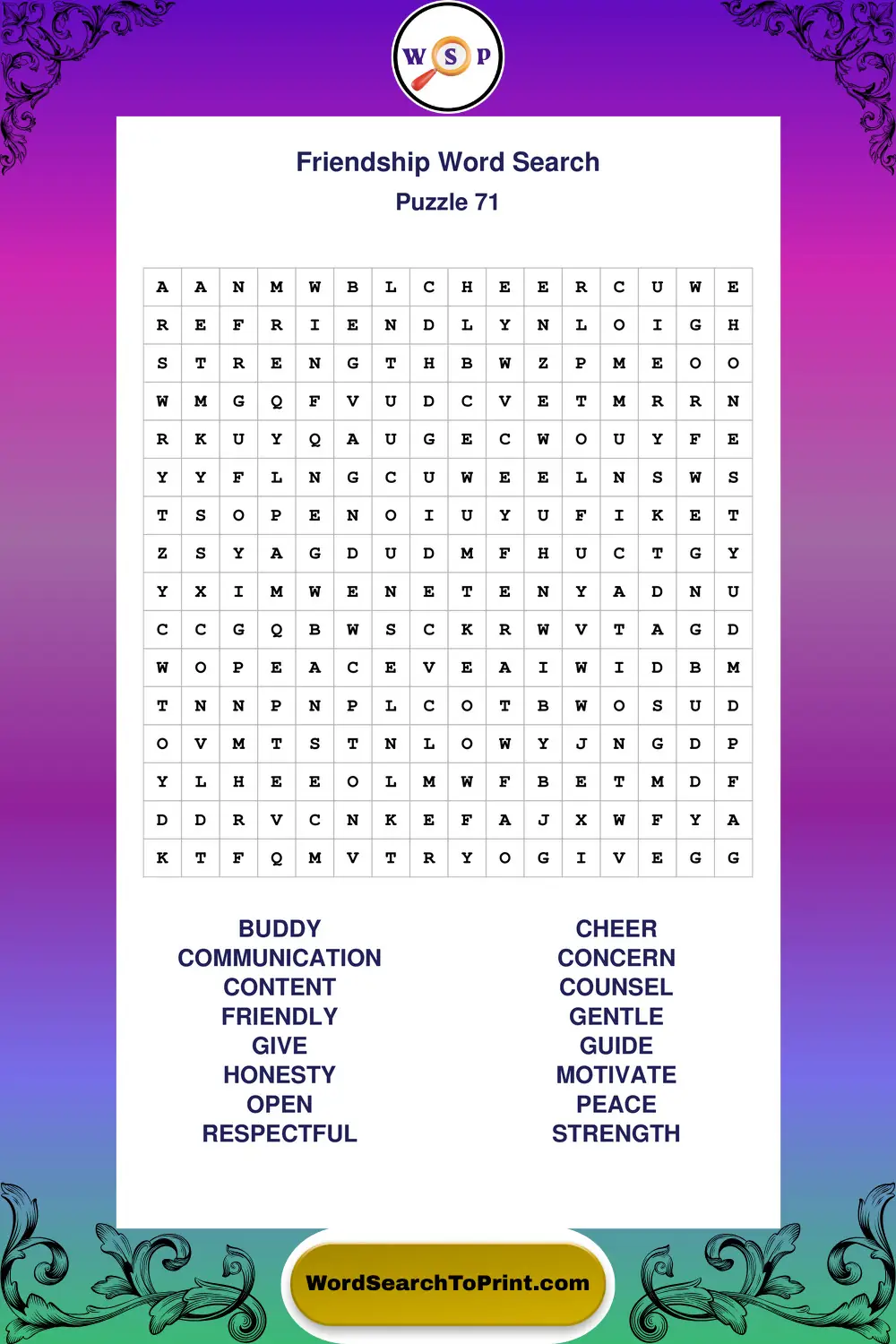 Friendship Word Search Puzzle 71