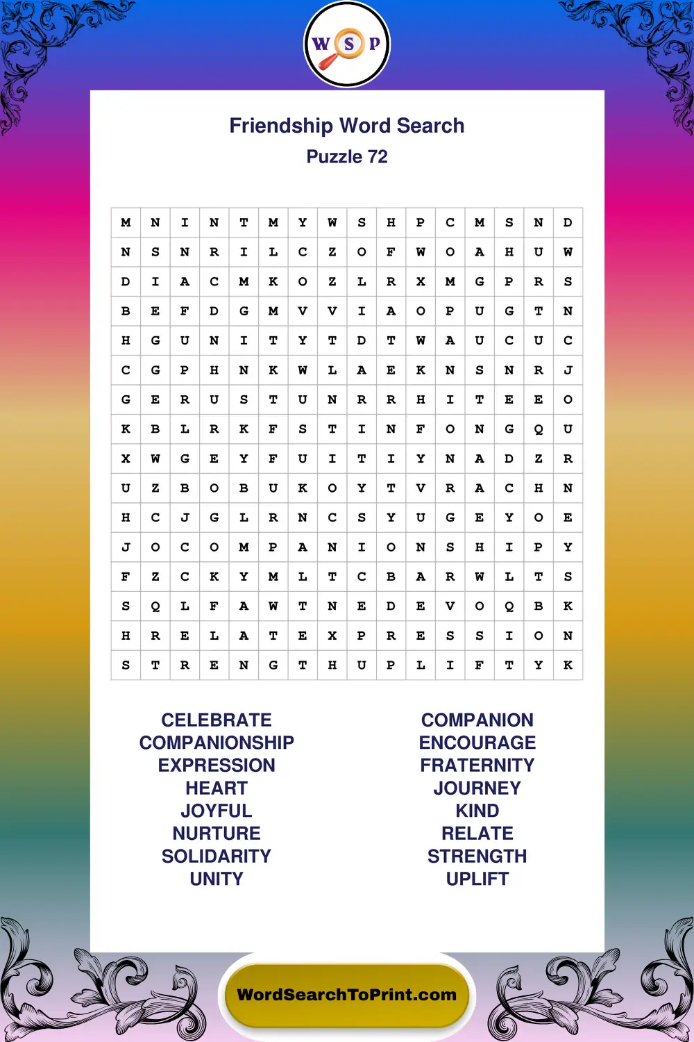 Friendship Word Search Puzzle 72