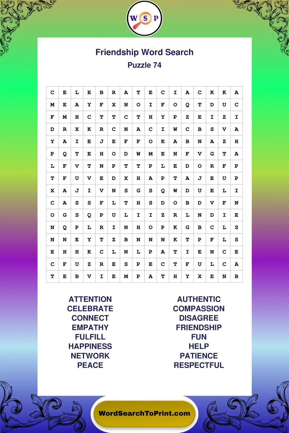 Friendship Word Search Puzzle 74