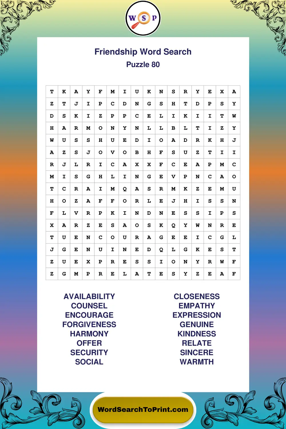 Friendship Word Search Puzzle 80