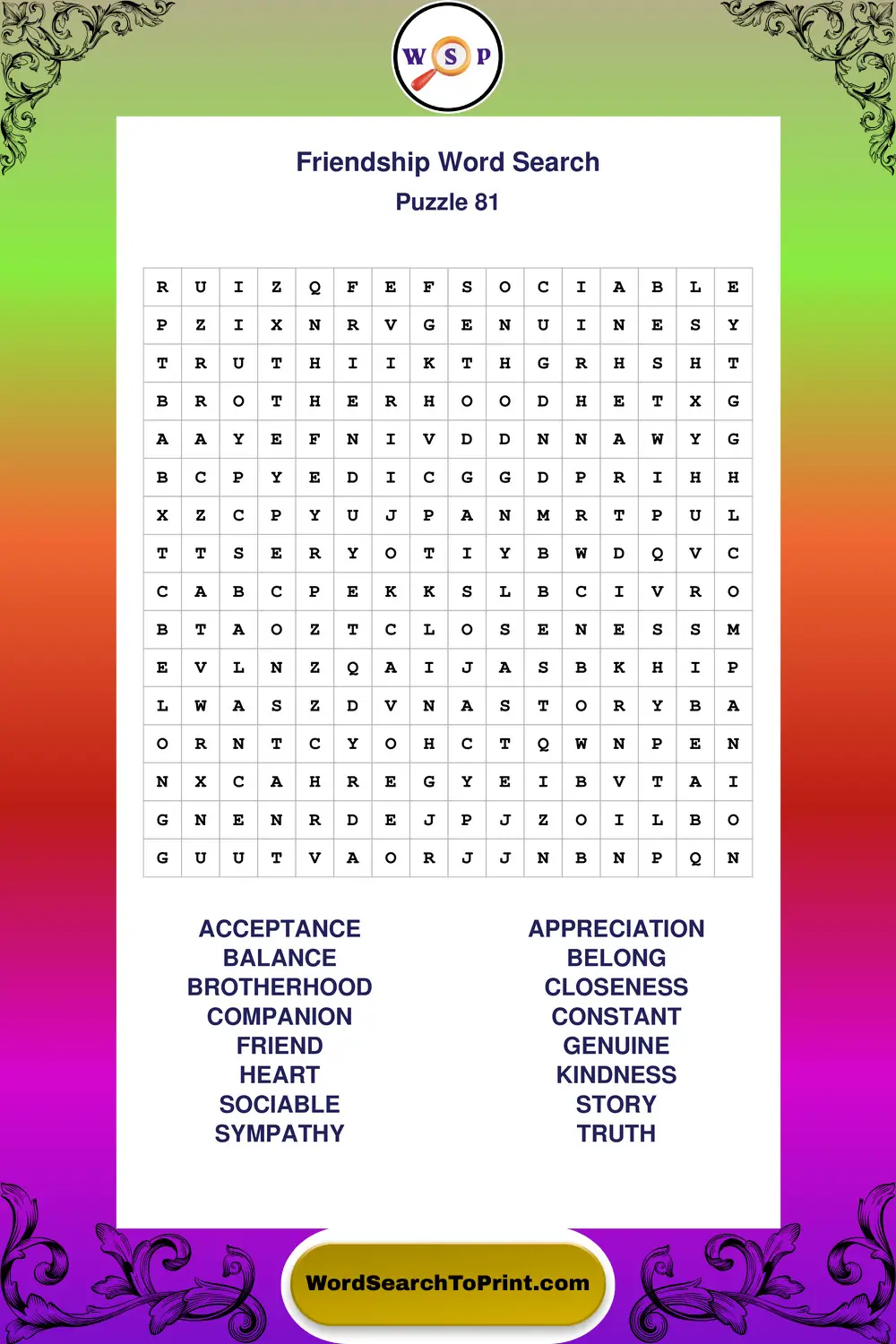 Friendship Word Search Puzzle 81