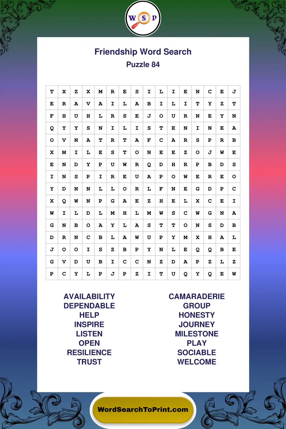 Friendship Word Search Puzzle 84