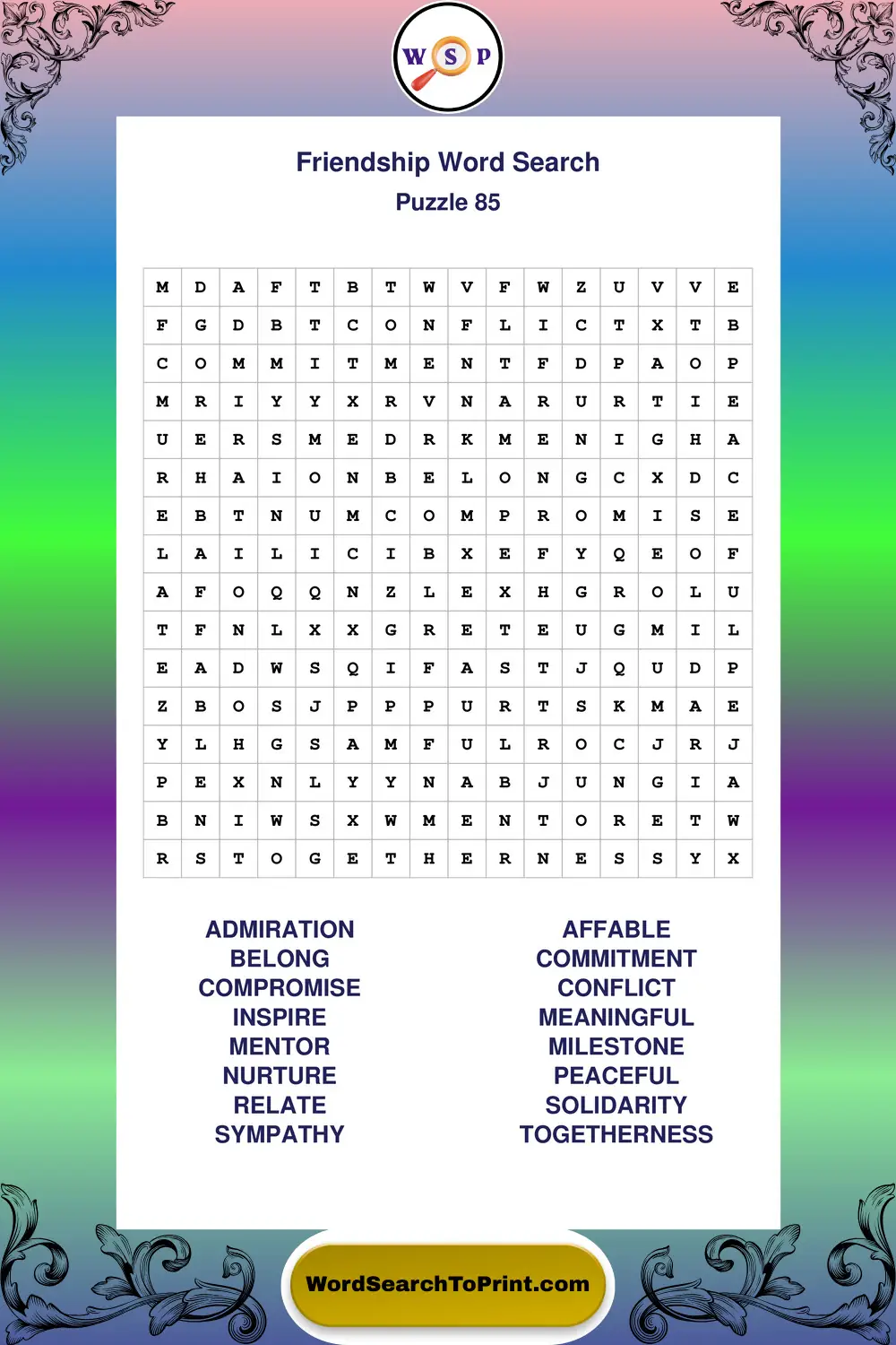 Friendship Word Search Puzzle 85