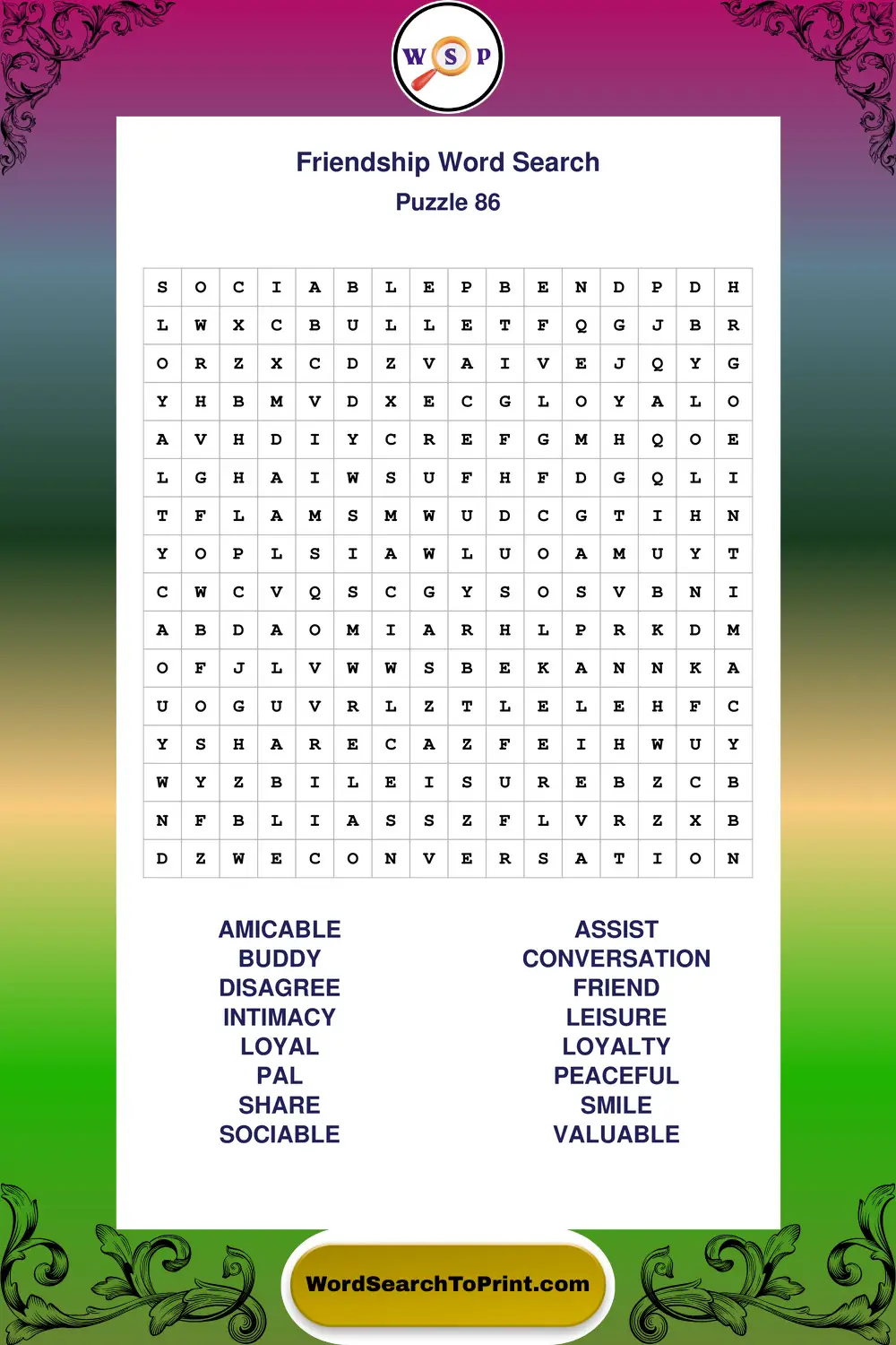 Friendship Word Search Puzzle 86