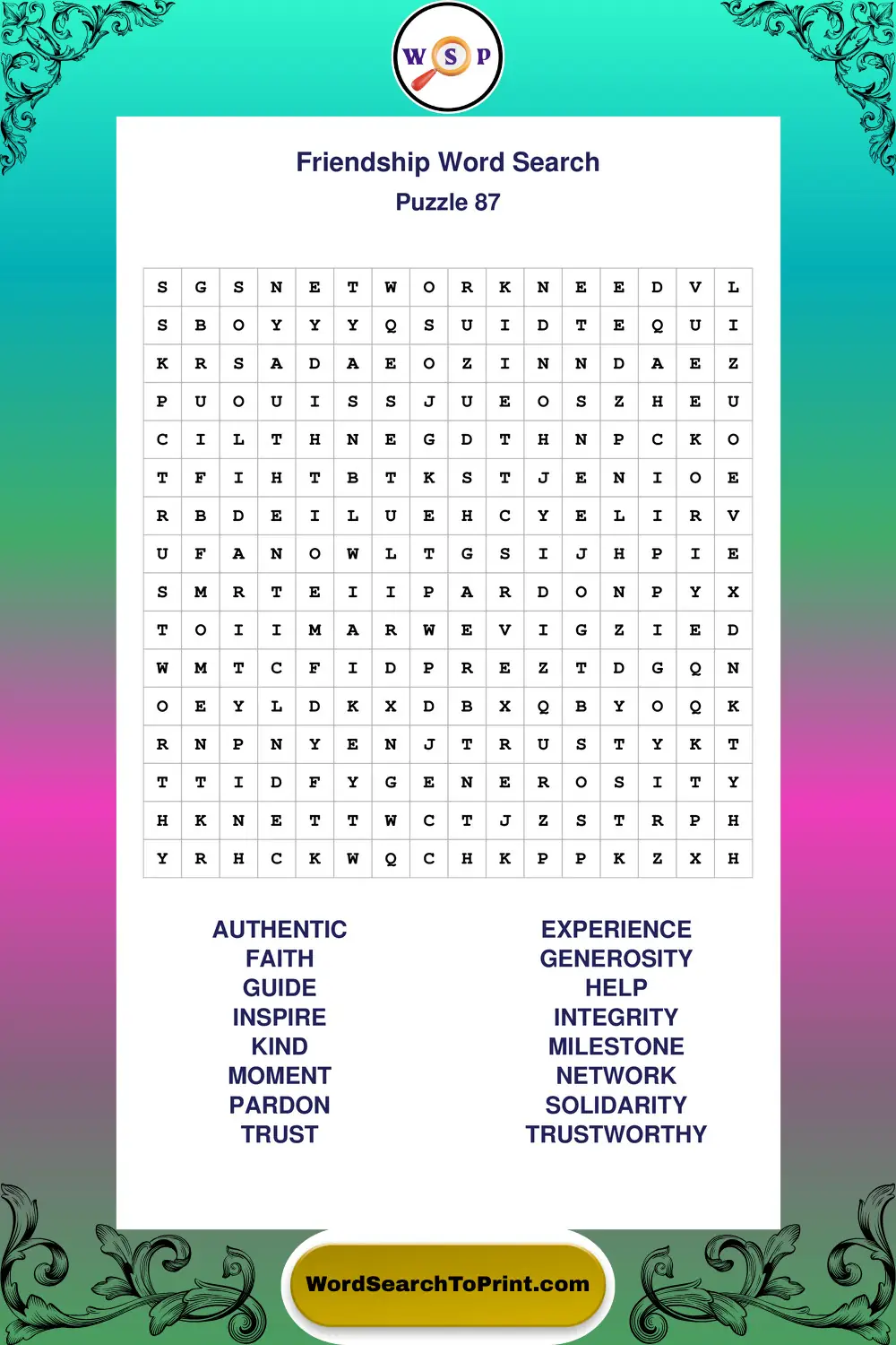 Friendship Word Search Puzzle 87