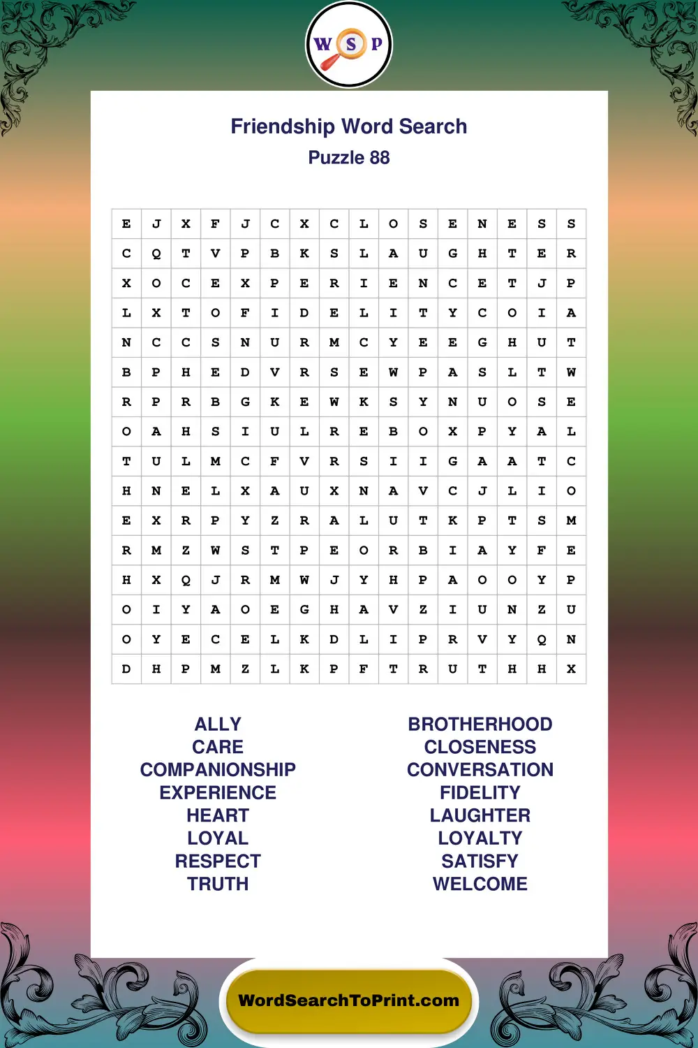 Friendship Word Search Puzzle 88
