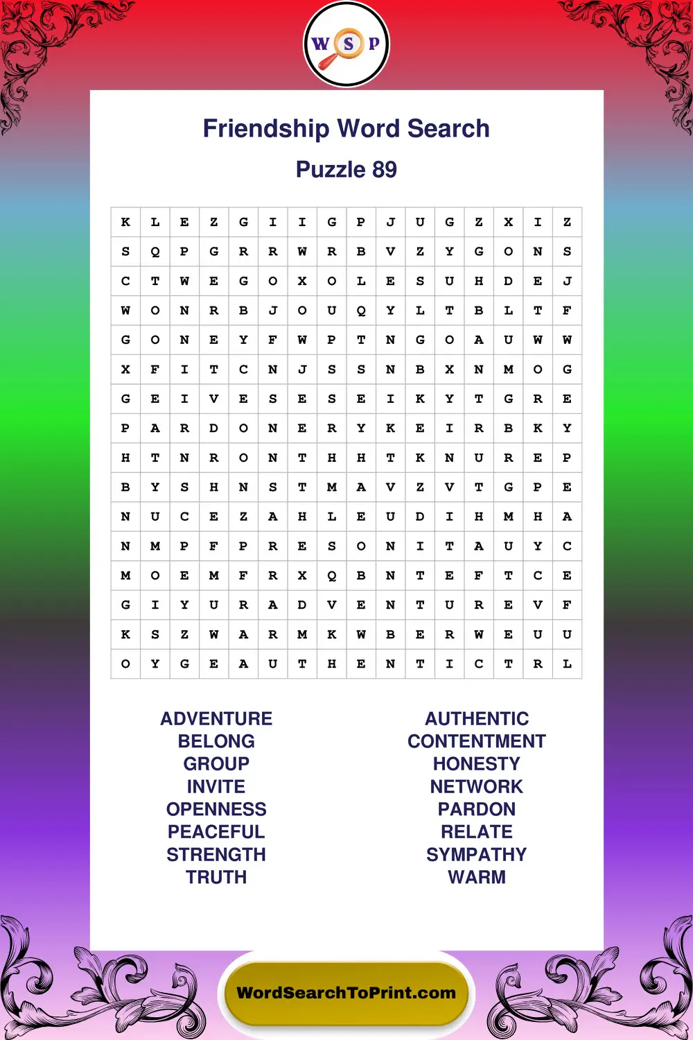 Friendship Word Search Puzzle 89