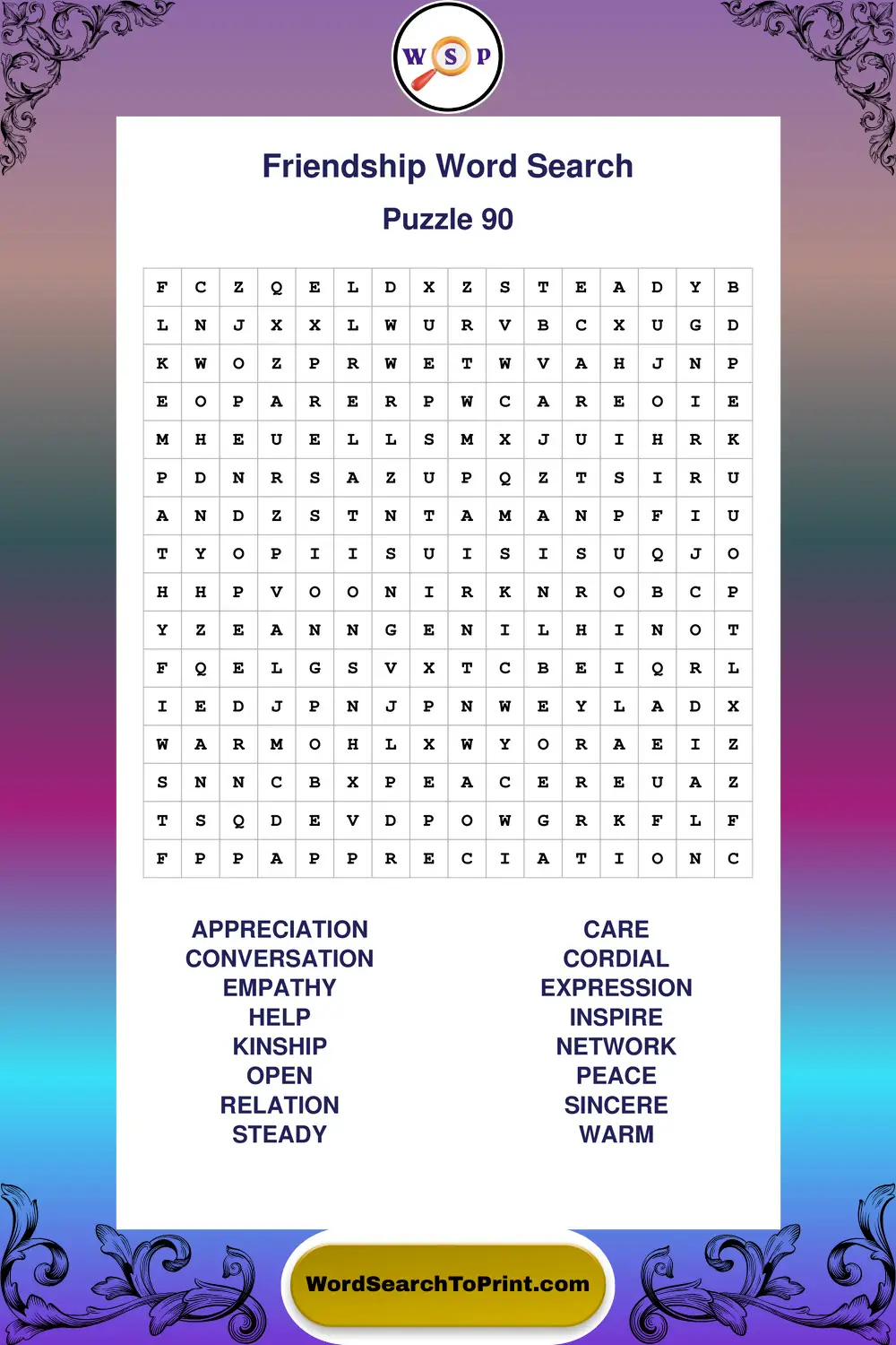 Friendship Word Search Puzzle 90