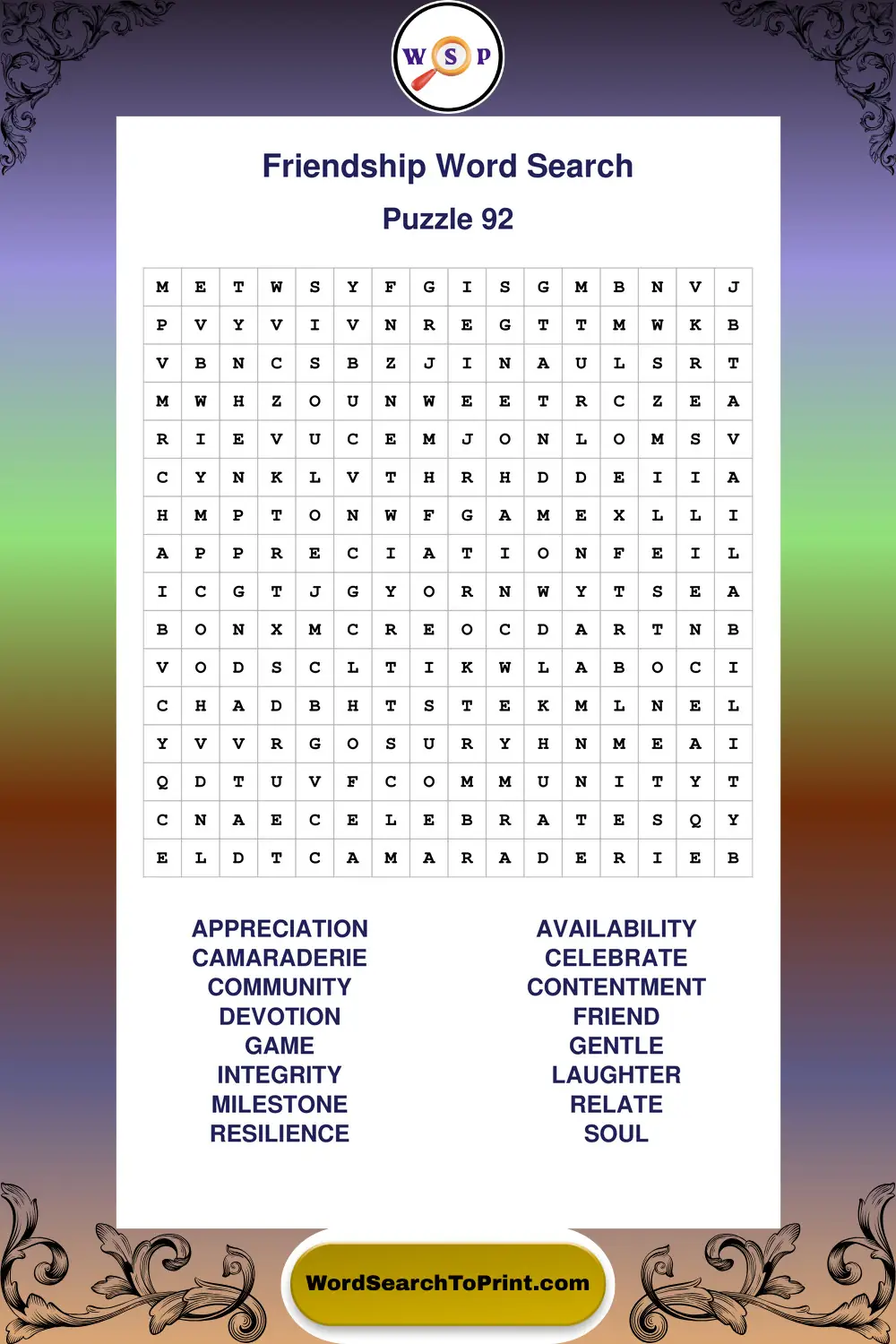 Friendship Word Search Puzzle 92