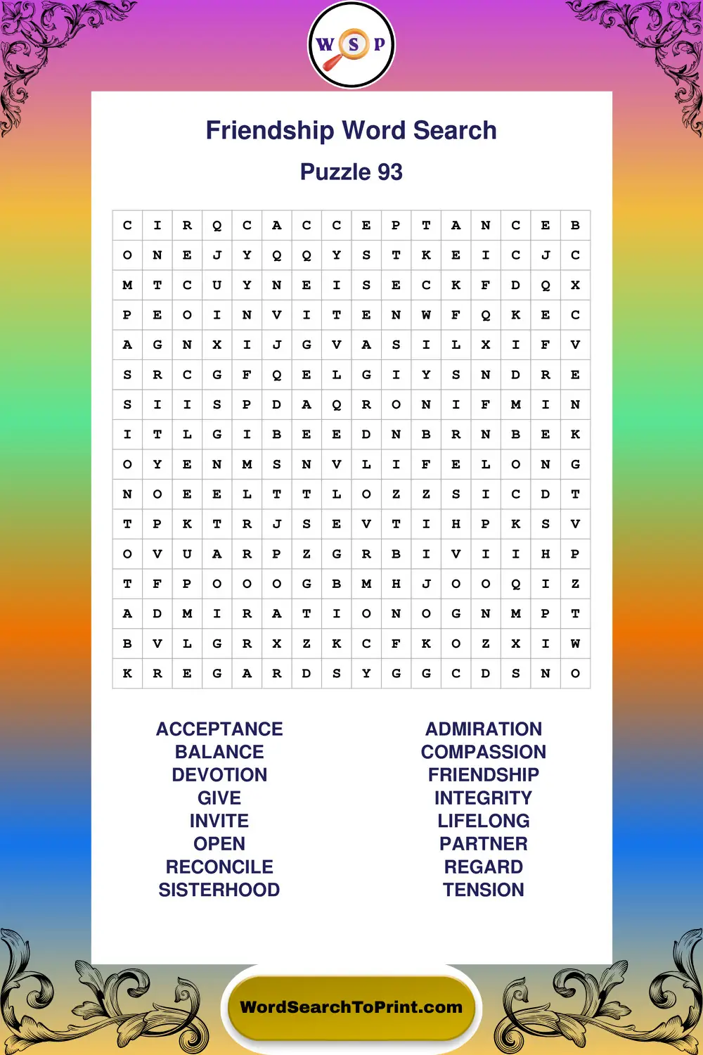 Friendship Word Search Puzzle 93