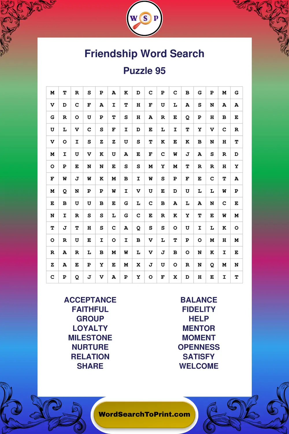 Friendship Word Search Puzzle 95