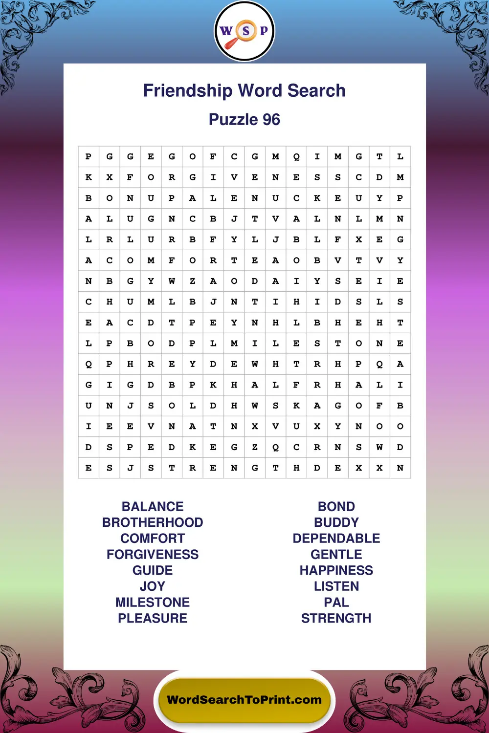 Friendship Word Search Puzzle 96