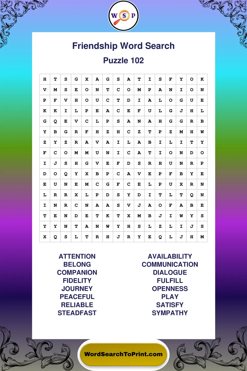 Friendship Word Search Puzzle 102
