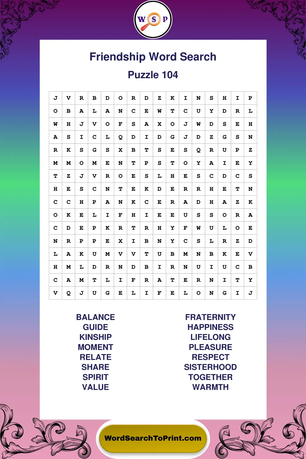 Friendship Word Search Puzzle 104