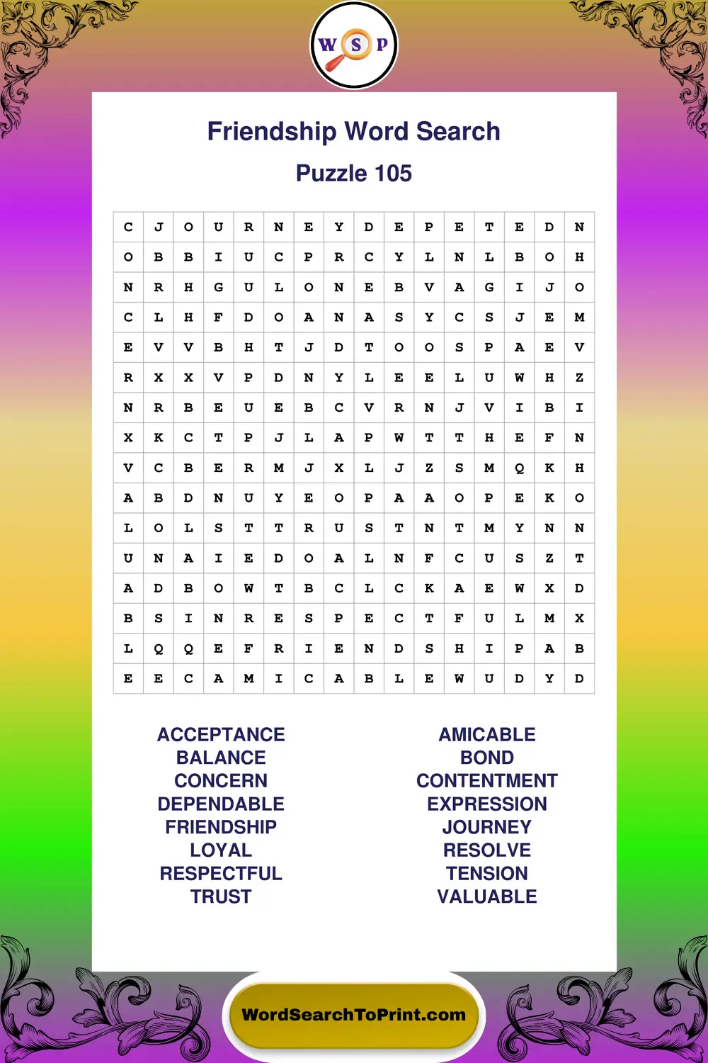 Friendship Word Search Puzzle 105