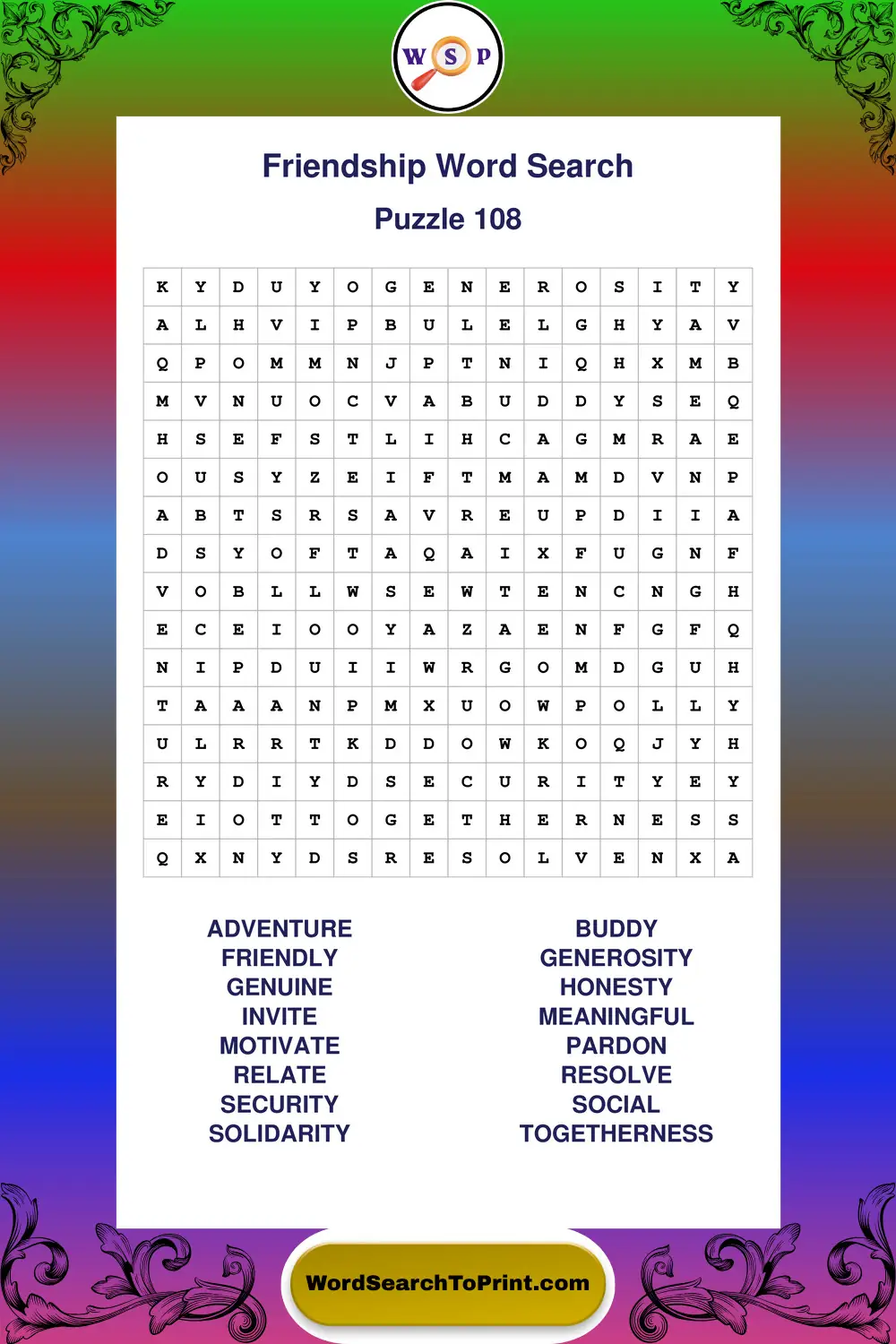 Friendship Word Search Puzzle 108