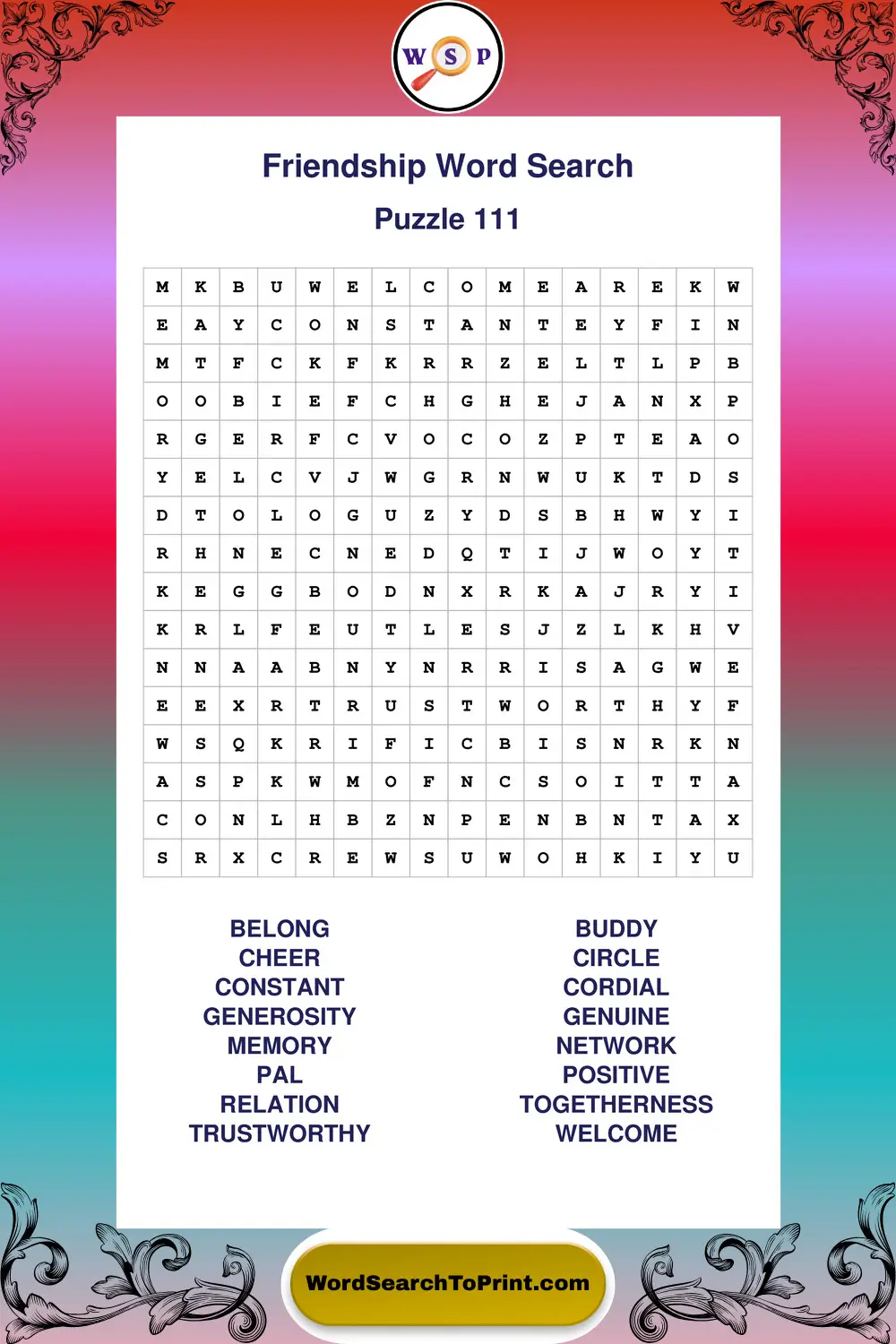Friendship Word Search Puzzle 111