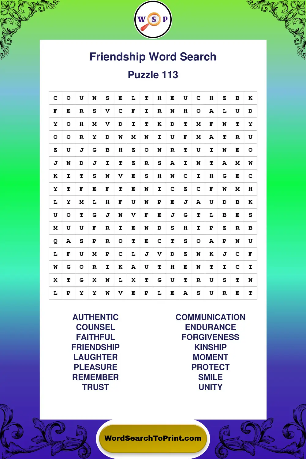 Friendship Word Search Puzzle 113
