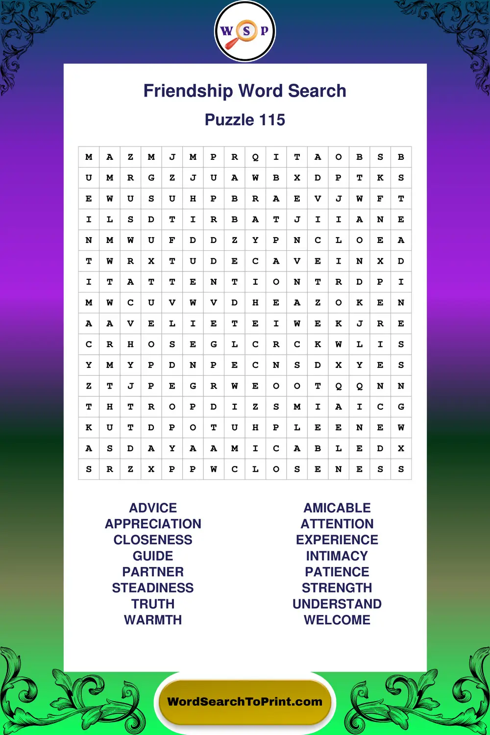 Friendship Word Search Puzzle 115