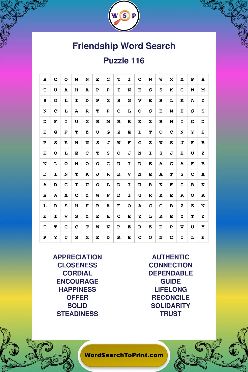 Friendship Word Search Puzzle 116