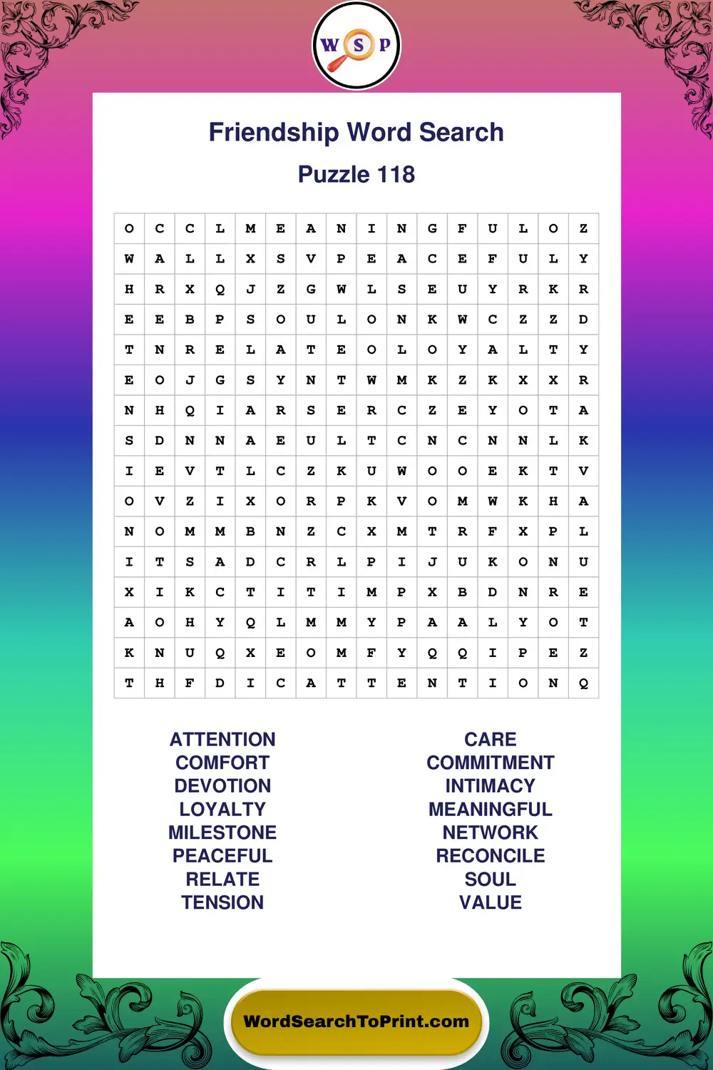 Friendship Word Search Puzzle 118