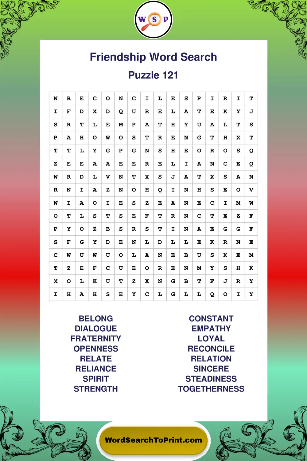 Friendship Word Search Puzzle 121