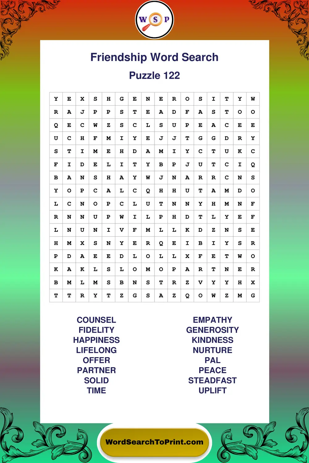 Friendship Word Search Puzzle 122