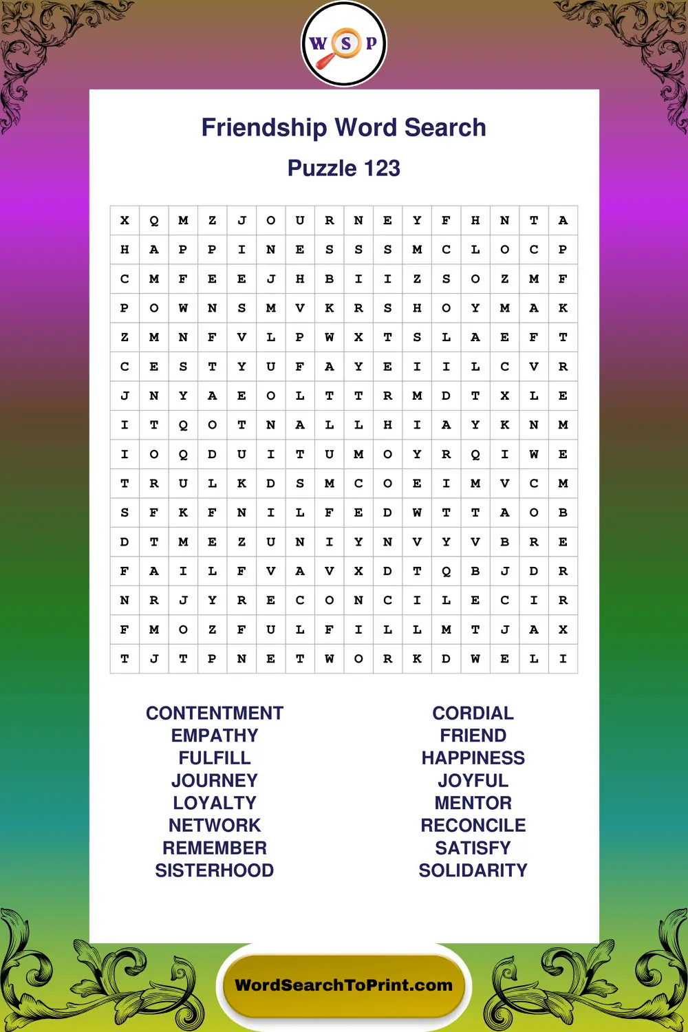 Friendship Word Search Puzzle 123