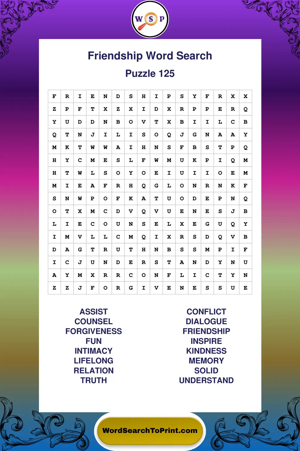 Friendship Word Search Puzzle 125