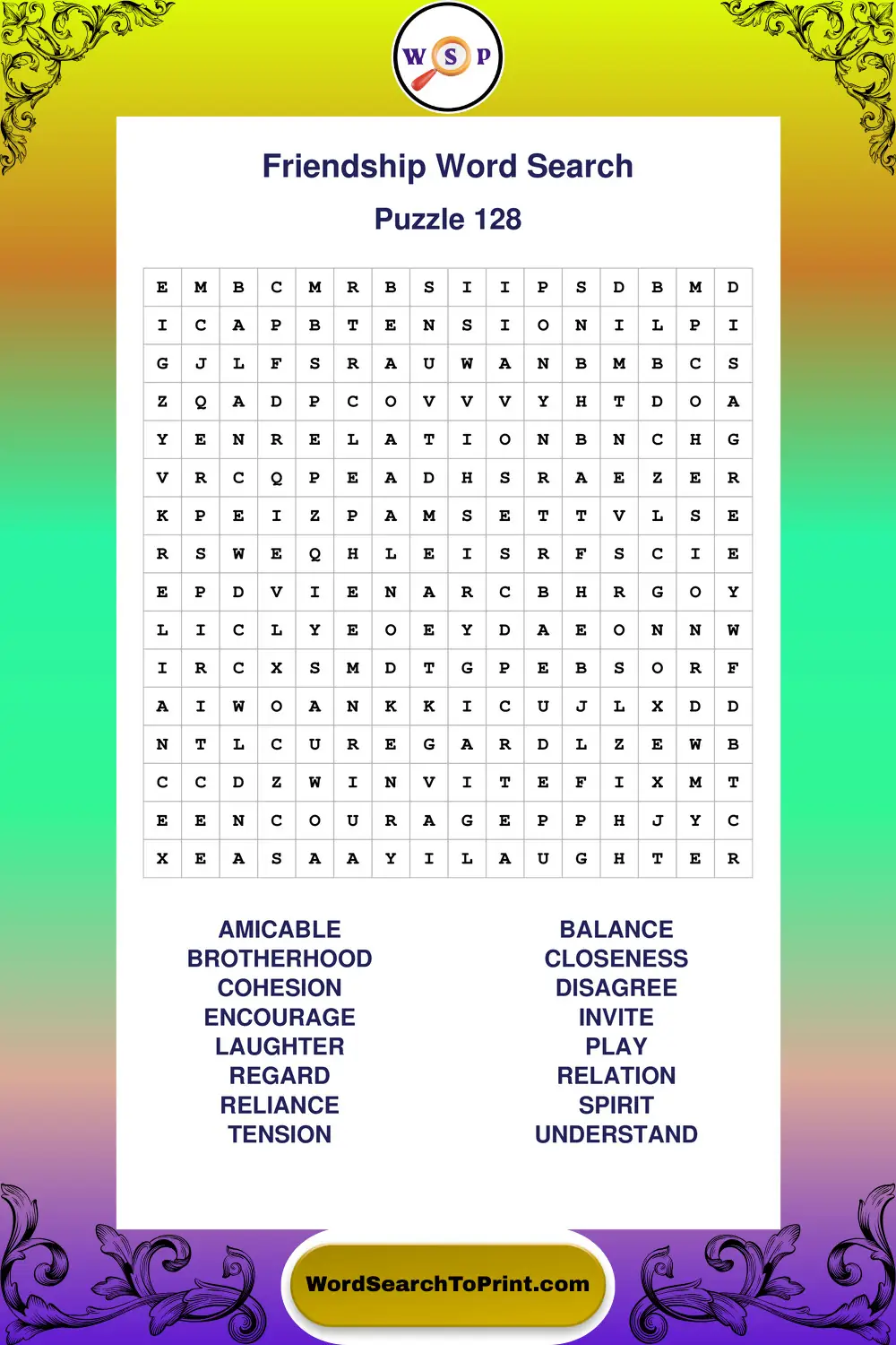 Friendship Word Search Puzzle 128