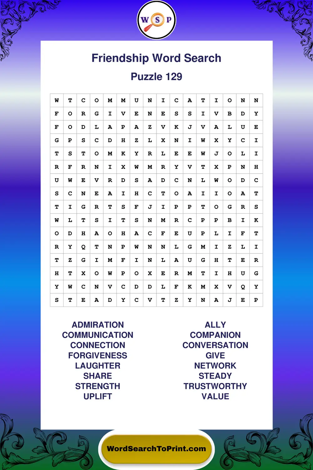 Friendship Word Search Puzzle 129