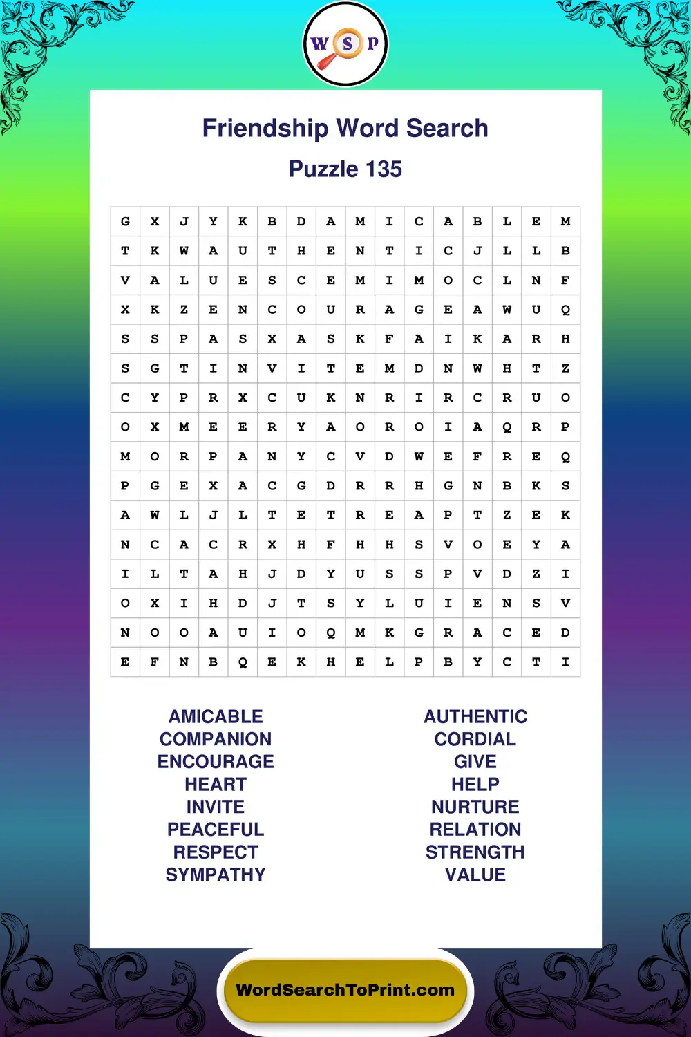 Friendship Word Search Puzzle 135