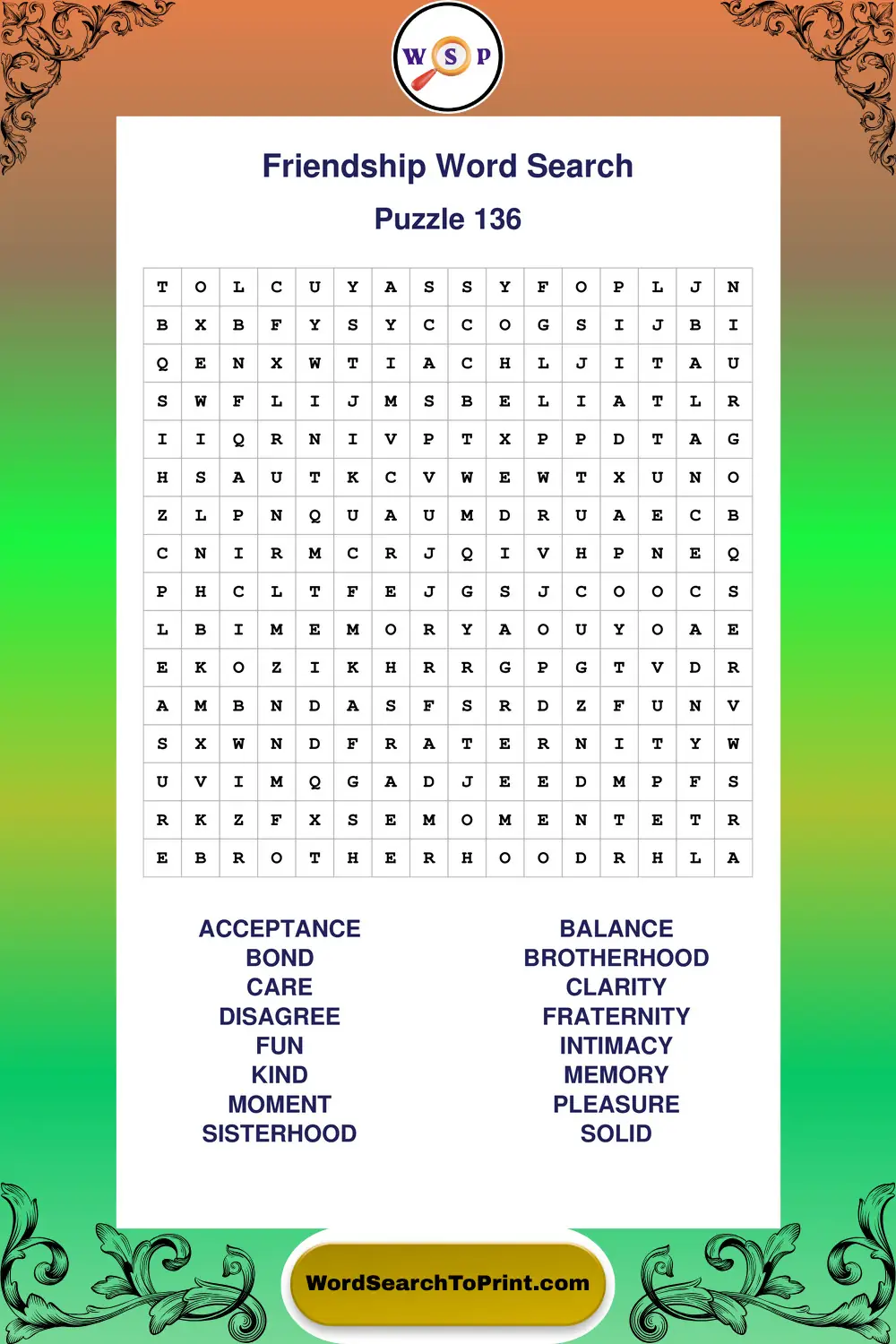 Friendship Word Search Puzzle 136