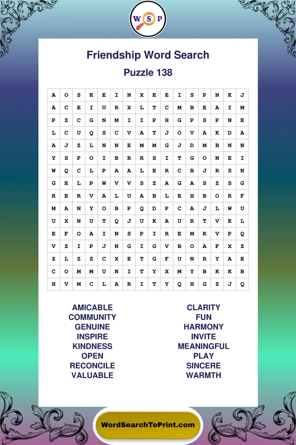 Friendship Word Search Puzzle 138