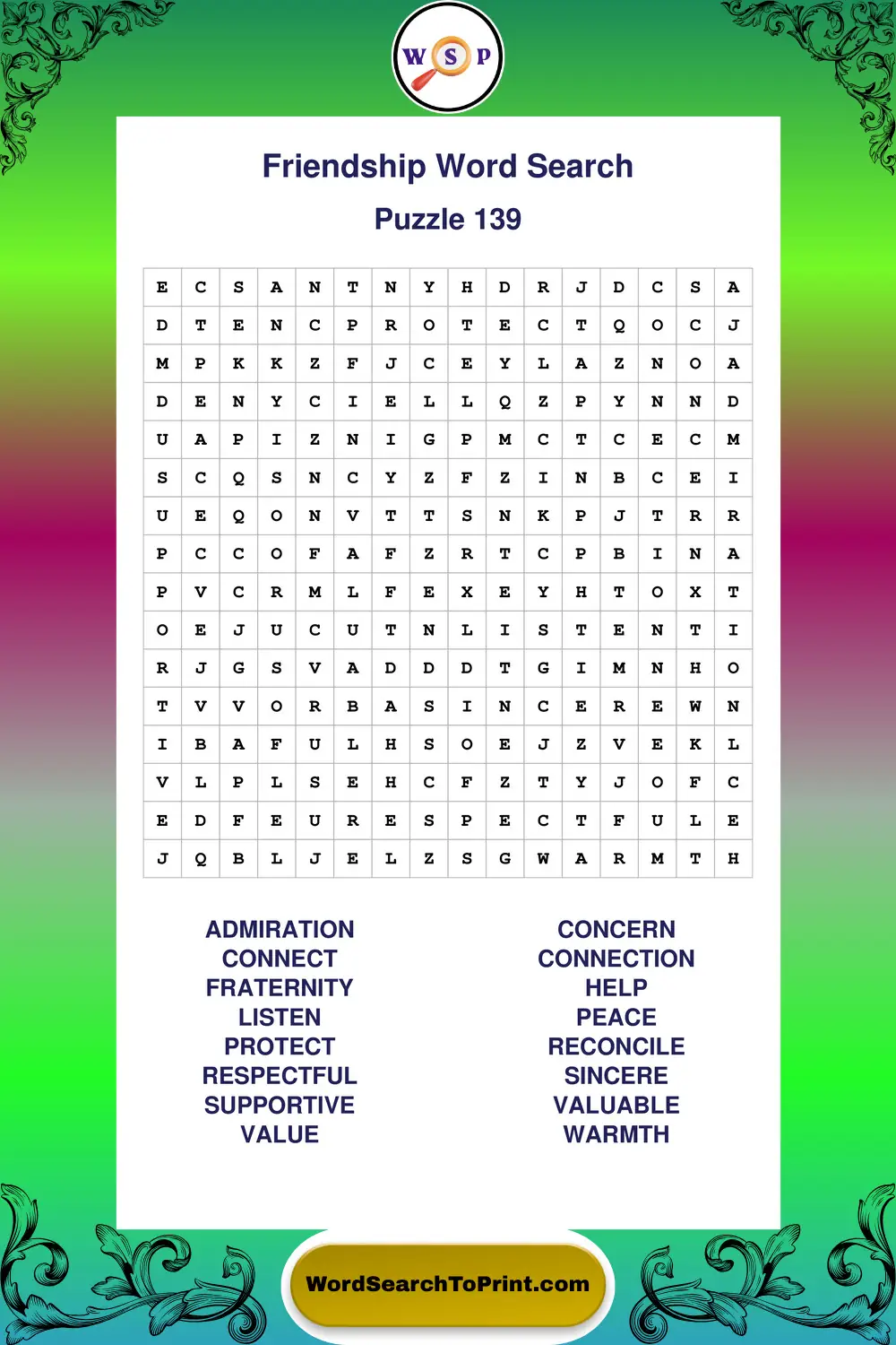 Friendship Word Search Puzzle 139