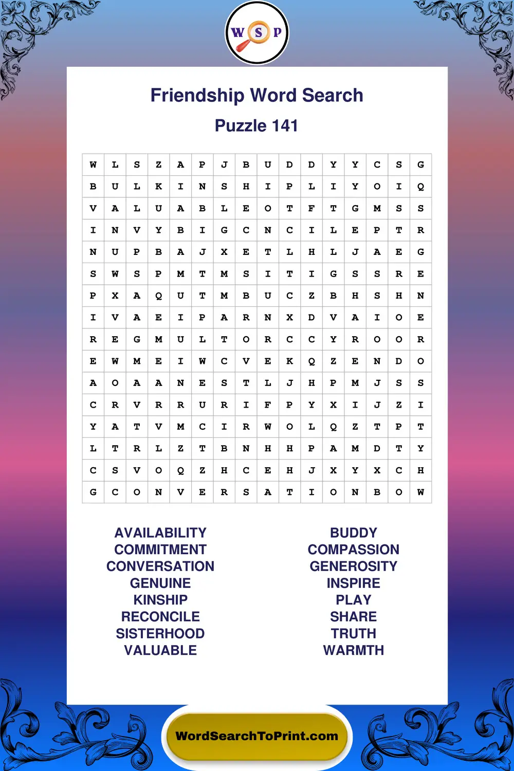 Friendship Word Search Puzzle 141