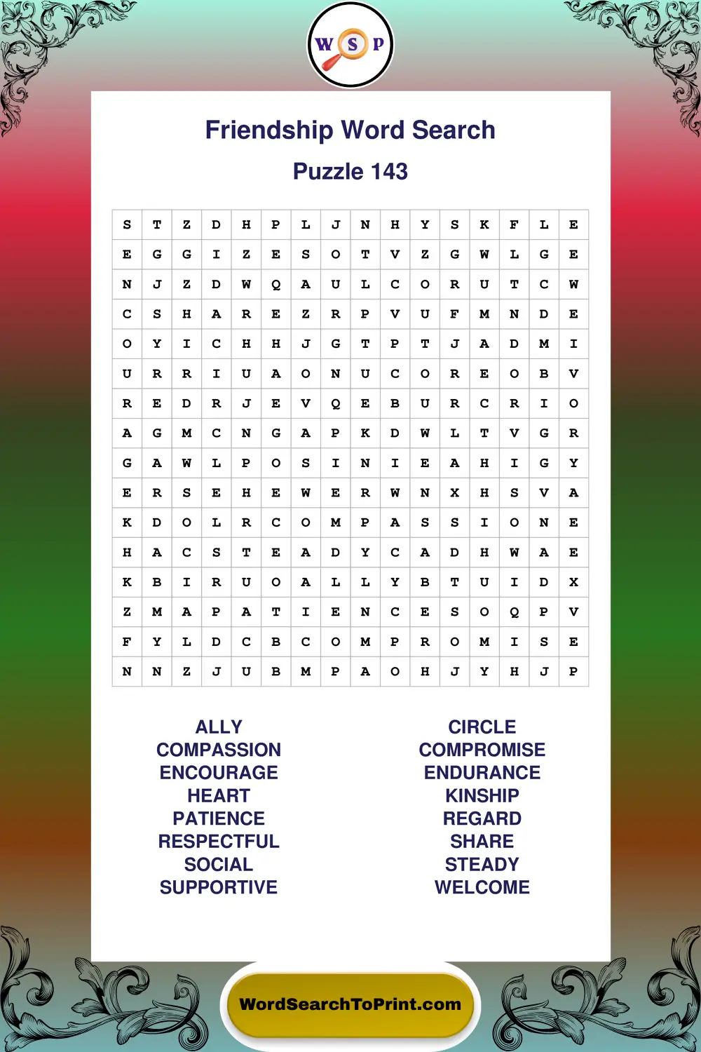 Friendship Word Search Puzzle 143