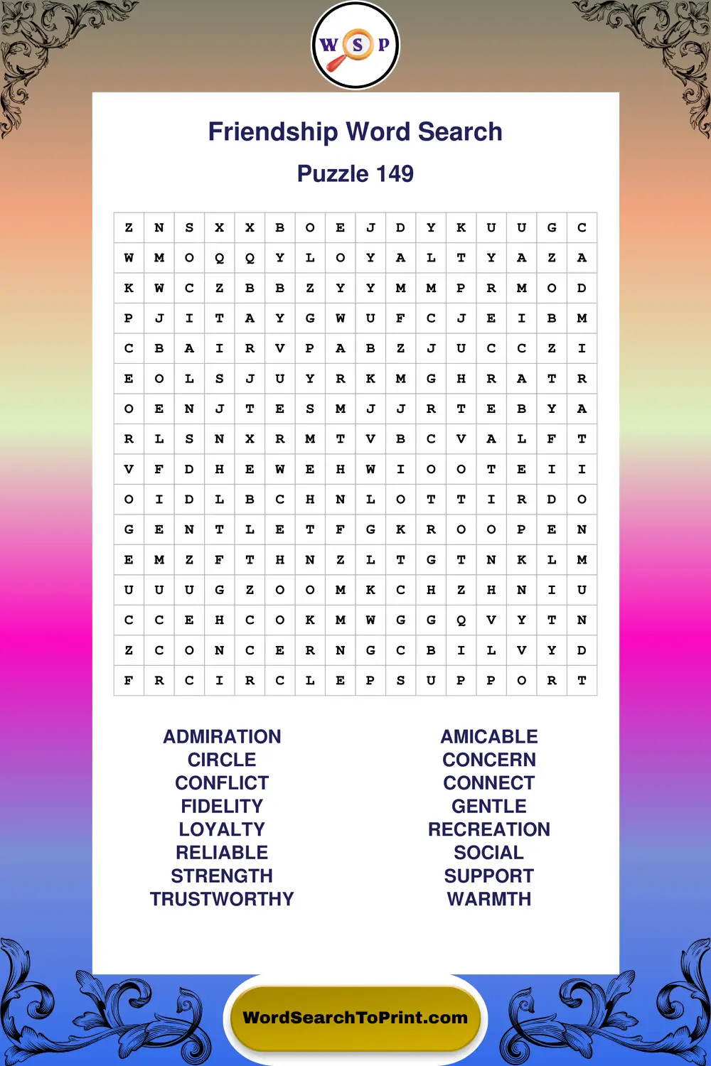Friendship Word Search Puzzle 149