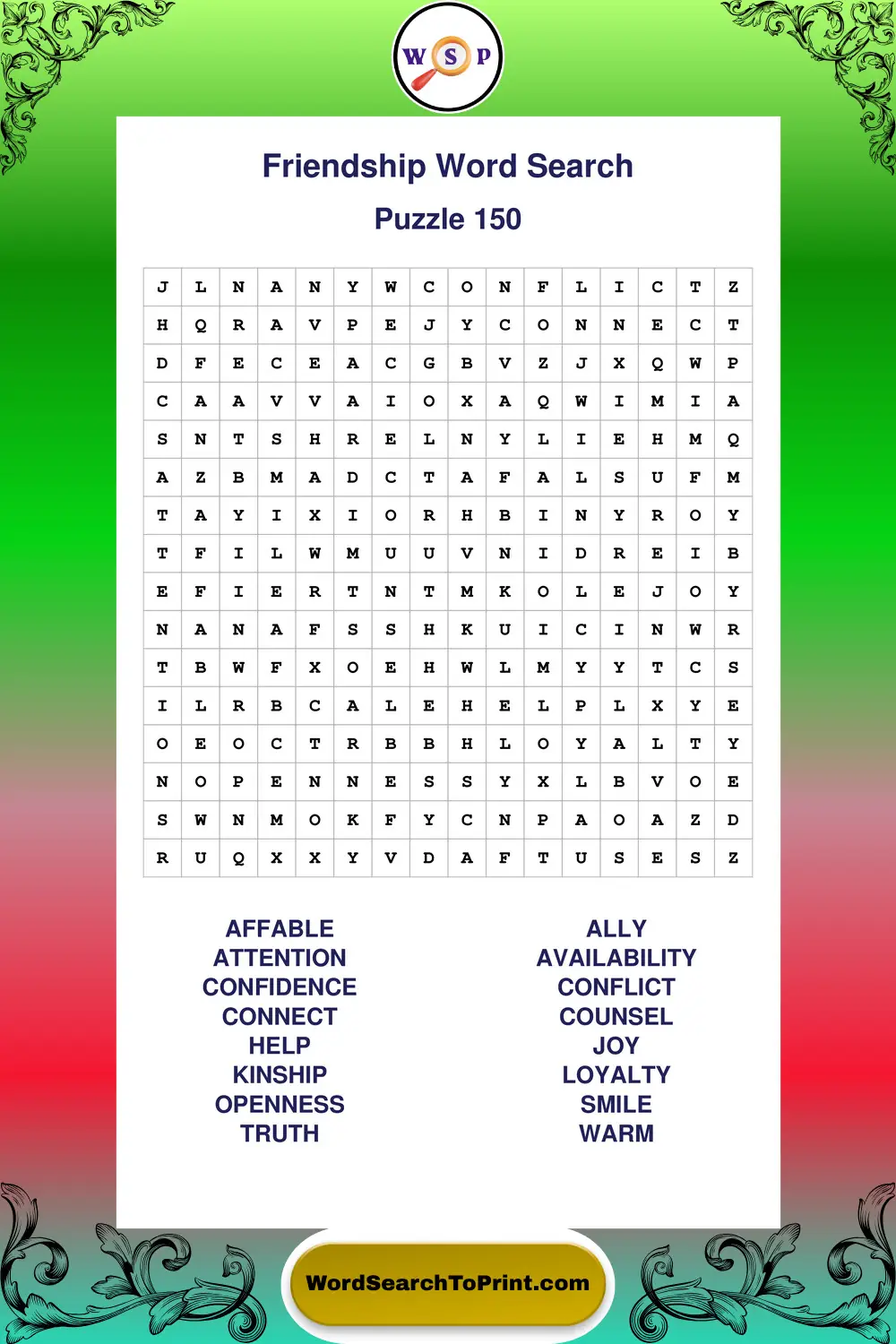 Friendship Word Search Puzzle 150