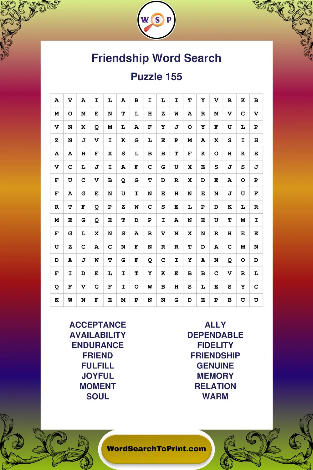 Friendship Word Search Puzzle 155