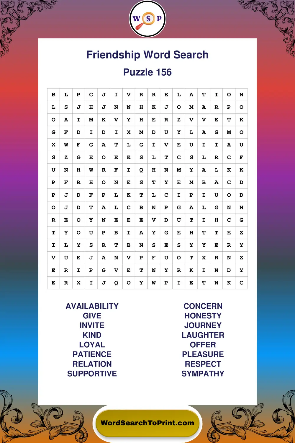 Friendship Word Search Puzzle 156