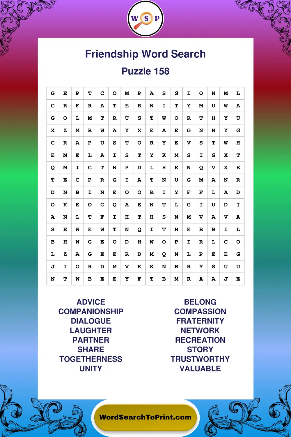 Friendship Word Search Puzzle 158