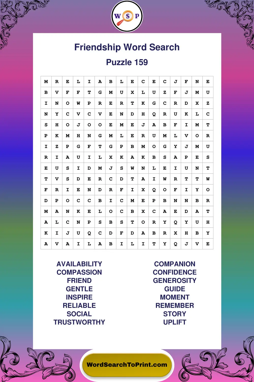 Friendship Word Search Puzzle 159