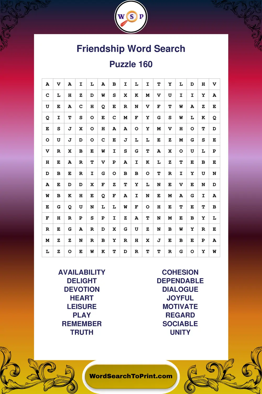 Friendship Word Search Puzzle 160