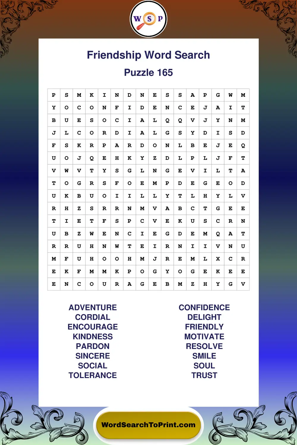 Friendship Word Search Puzzle 165