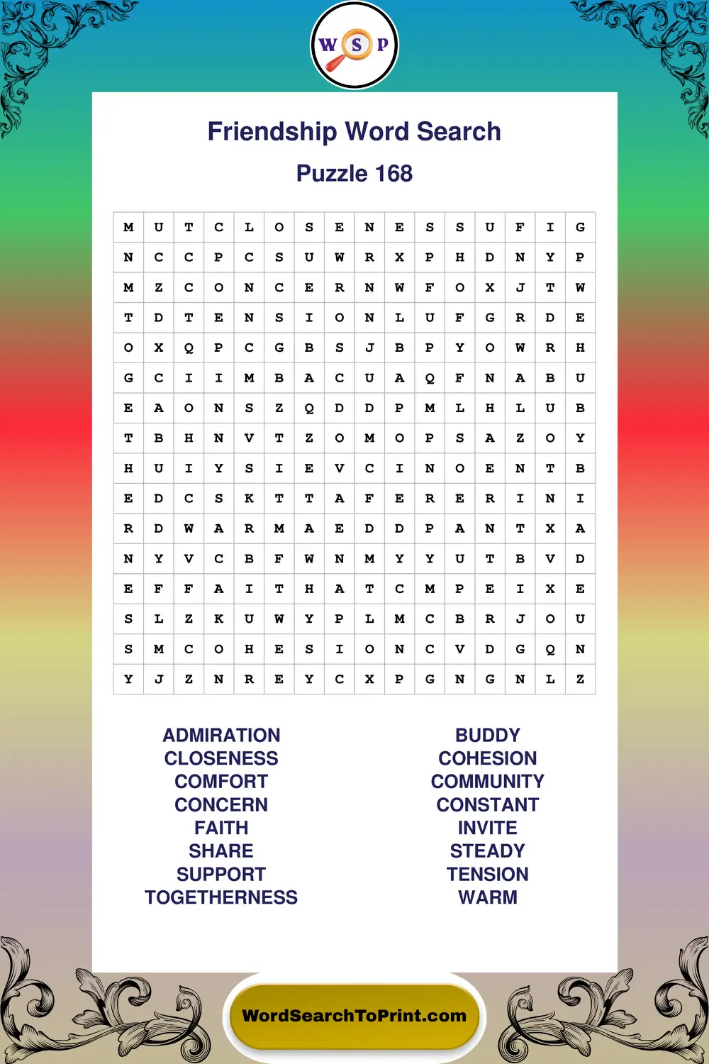 Friendship Word Search Puzzle 168